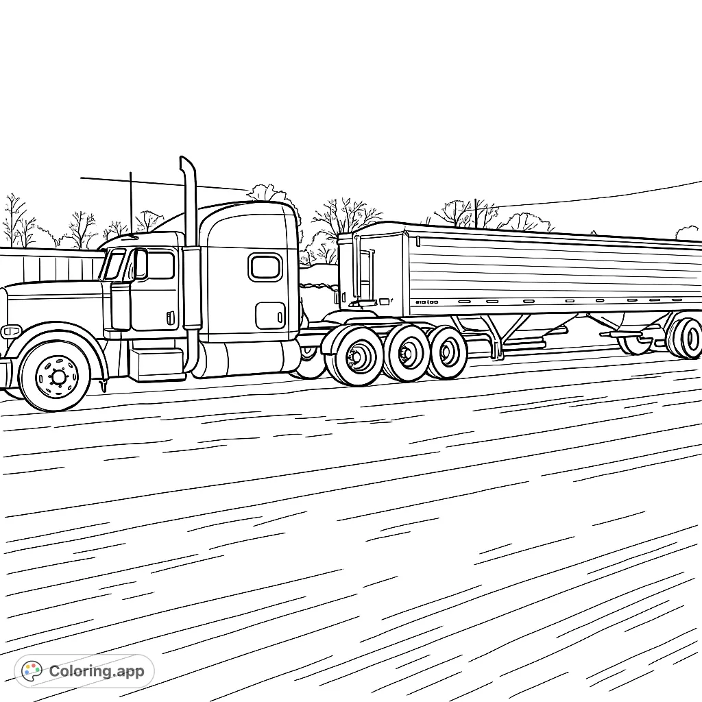 A detailed semi truck coloring page featuring a powerful long-nose tractor and a hopper trailer, set in an industrial landscape. Perfect for vehicle enthusiasts.