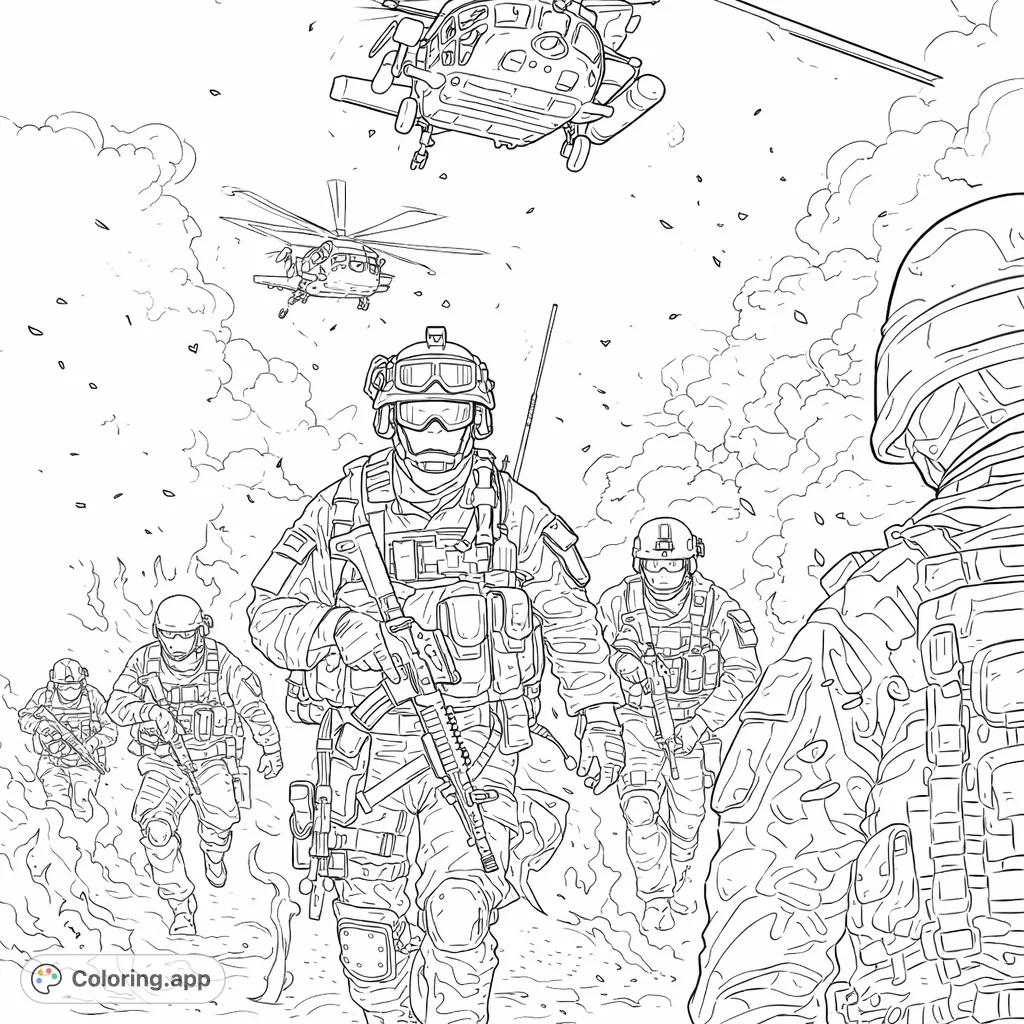 An intense military action coloring page featuring armed soldiers advancing through a smoke-filled, debris-strewn battlefield under hovering helicopters.
