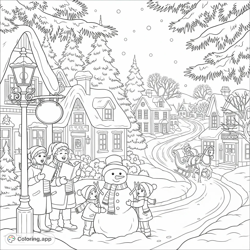 Explore a heartwarming winter village with carolers, children building a snowman, and a horse-drawn sleigh, all blanketed in pristine snow. A festive scene awaits your creative touch.