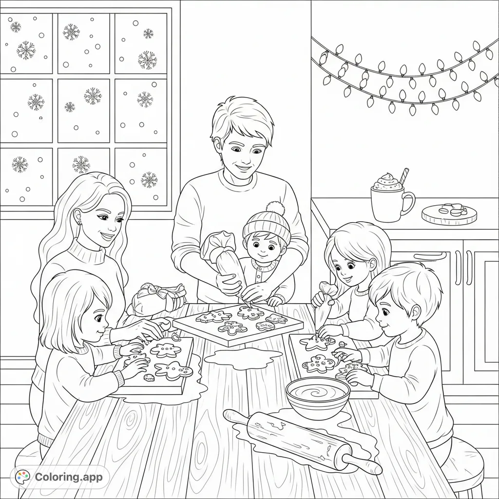 A heartwarming scene of a family decorating gingerbread cookies around a rustic table, with hot cocoa and falling snowflakes. Perfect for a cozy coloring session!
