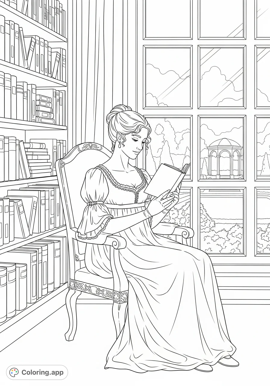 An elegant Regency era woman lost in a book, with a detailed window overlooking a garden and a bookcase filled with volumes. Perfect for history lovers.