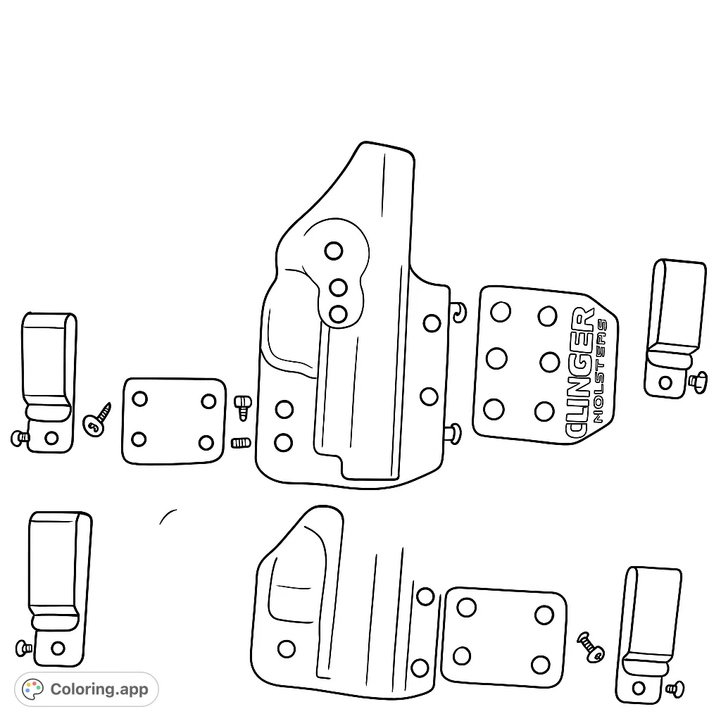 Explore this detailed holster components coloring page, perfect for adults. Challenge your precision with intricate hardware, fasteners, and a realistic molded design.