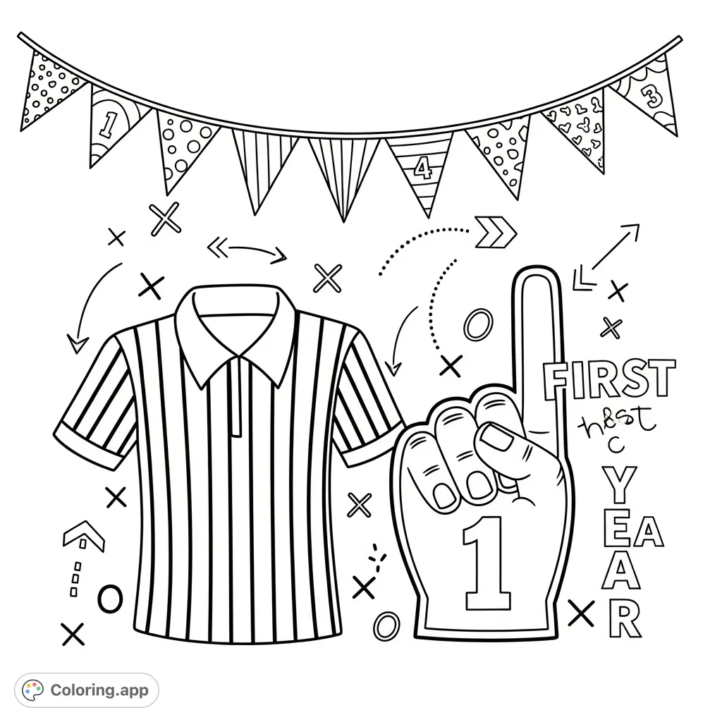 Celebrate a milestone with this dynamic sports-themed coloring page featuring a referee shirt, foam finger with '1', play symbols, and 'First Year' text.