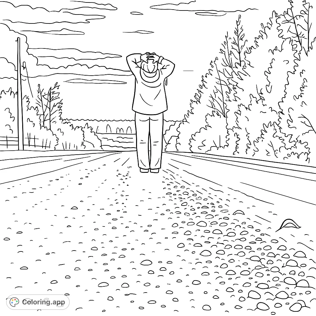 A tranquil scene of a lone figure on a gravel road, gazing at the horizon, framed by trees and a setting sun. Perfect for peaceful reflection.