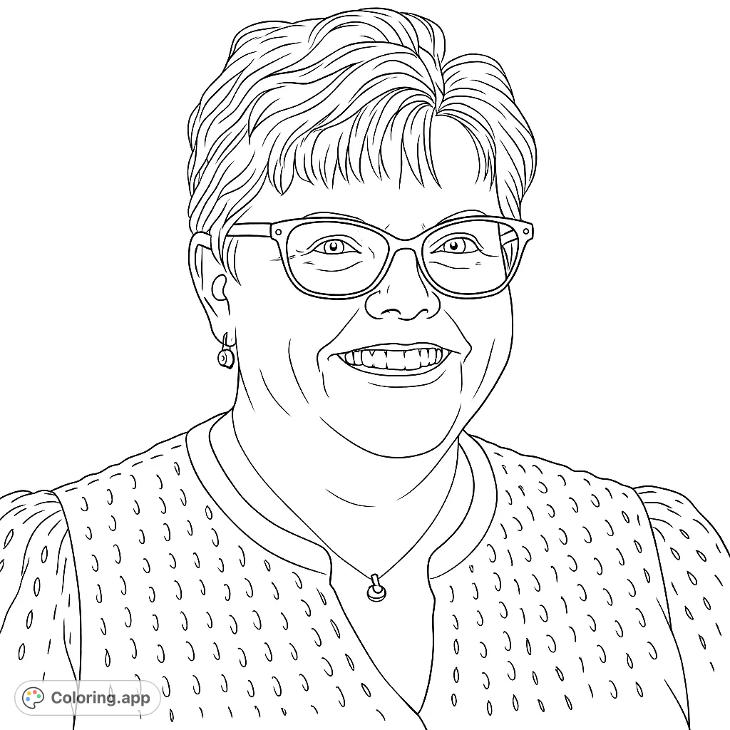 A friendly woman with glasses and a warm smile, featuring textured hair and a patterned top. Perfect for coloring and personalizing.