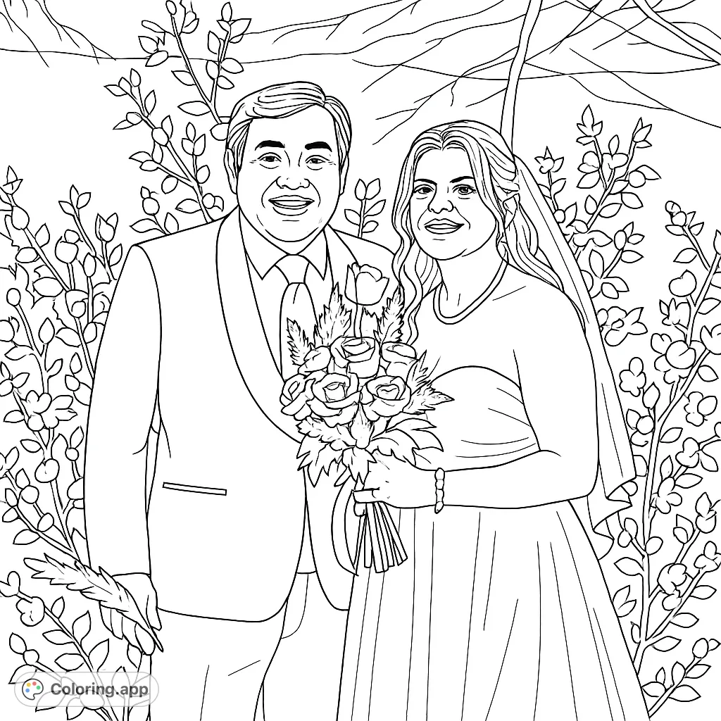 Celebrate love with this beautiful wedding couple. A joyful scene featuring a bride holding a detailed bouquet and a smiling groom, set against floral greenery.