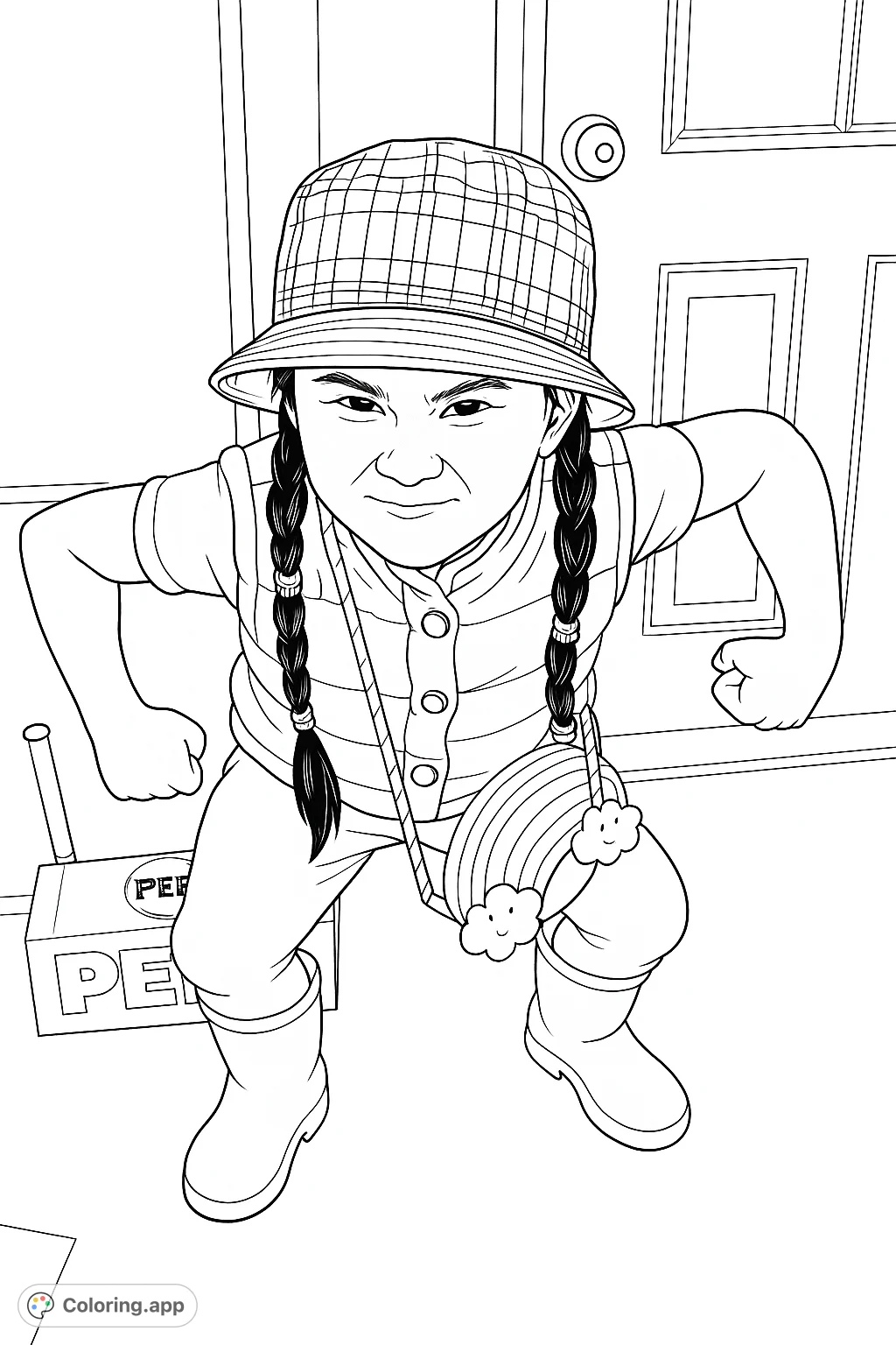 A cheerful child wearing a plaid hat, vest, and rain boots poses playfully, holding a fun rainbow and cloud-shaped purse.