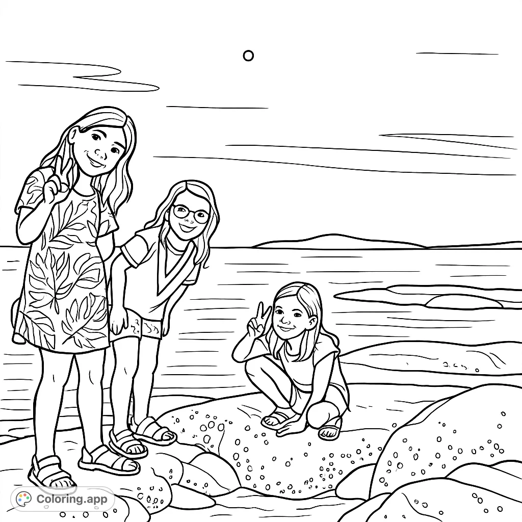 Three cheerful girls pose on a textured rocky beach with islands and calm water in the background. A fun coastal scene to bring to life.