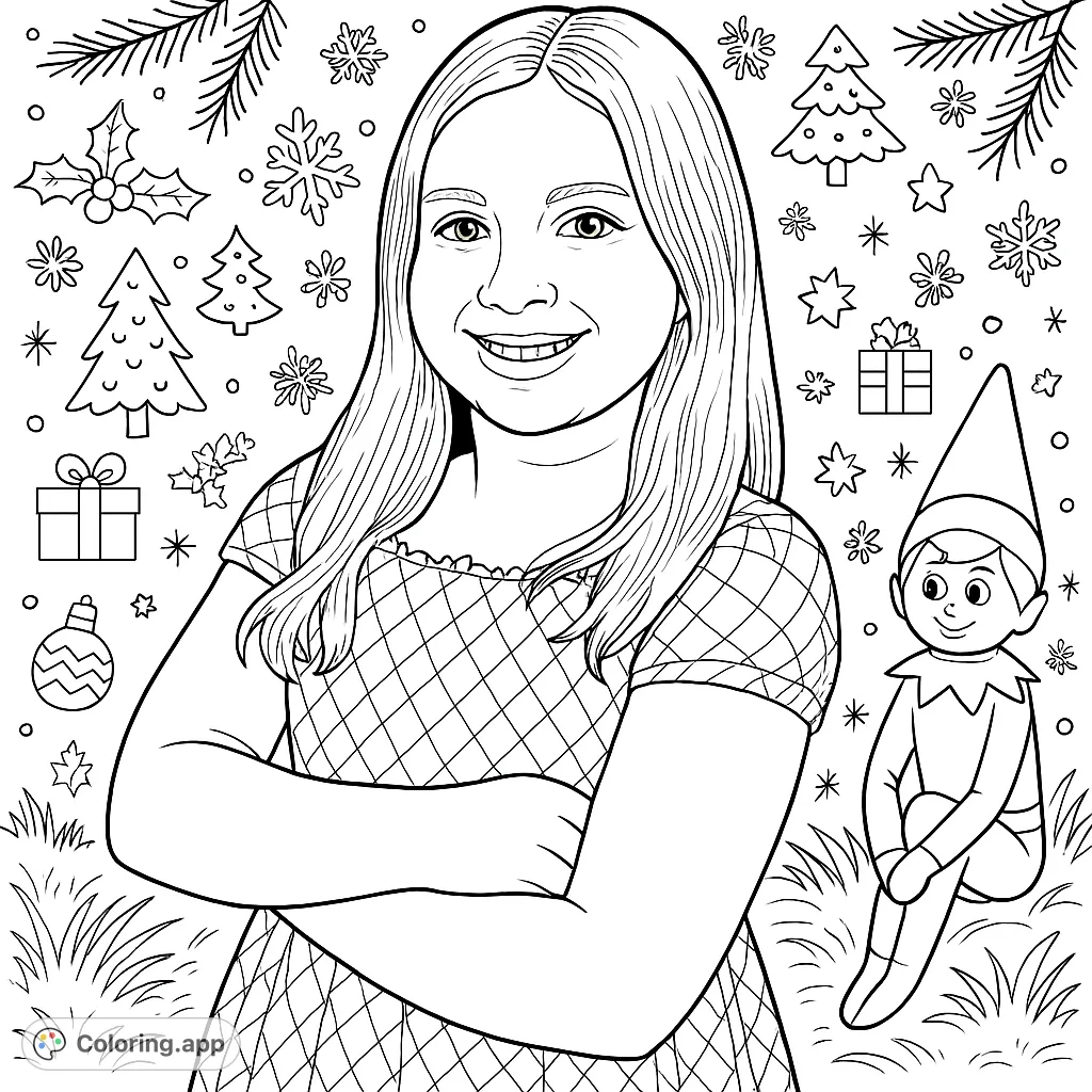 A cheerful girl with crossed arms and an Elf on the Shelf, set against a festive Christmas pattern. A delightful holiday scene for creative coloring fun.