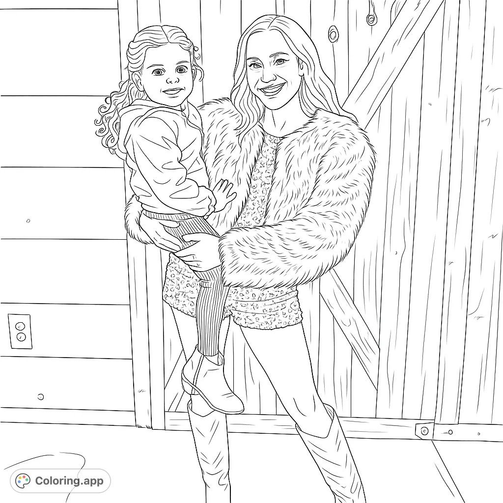 Capture a heartwarming moment of a woman holding a child in a detailed setting. Features a fur-like jacket, sequined outfit, and textured wooden background.