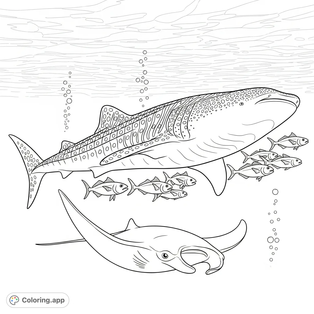 Dive into an underwater world with a majestic whale shark, pilot fish, and a graceful manta ray. Explore the intricate patterns of the ocean's gentle giants.