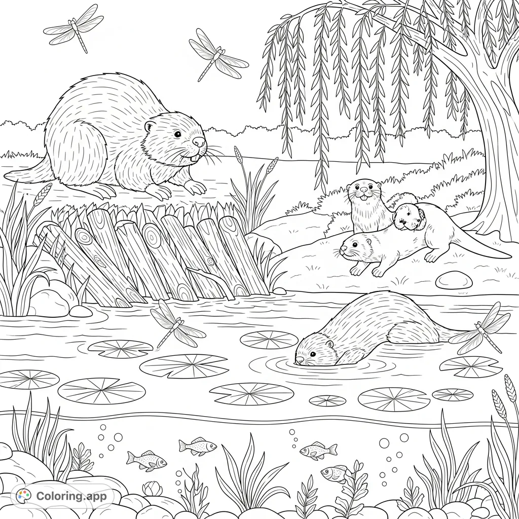Explore a serene river scene: a busy beaver builds its dam, playful otters frolic, dragonflies hover over lily pads, and fish swim among riverbed pebbles.
