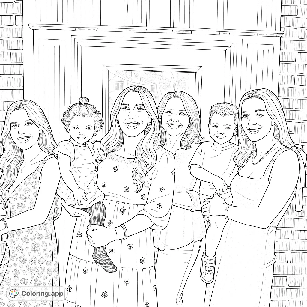 A heartwarming family portrait featuring four smiling adults and two cheerful children gathered by a decorative doorway. Perfect for a happy family coloring page.