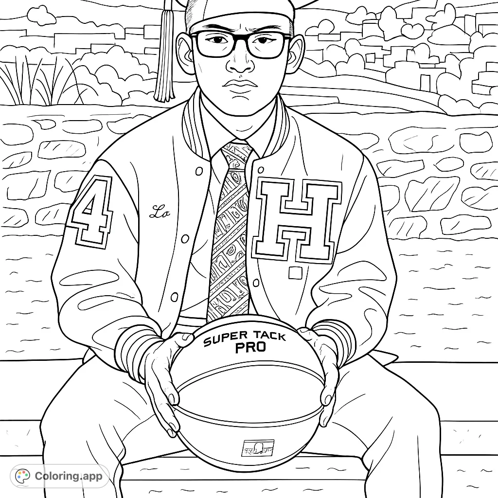 Celebrate academic and athletic milestones with this student athlete graduation coloring page, featuring a varsity jacket, basketball, and cap.