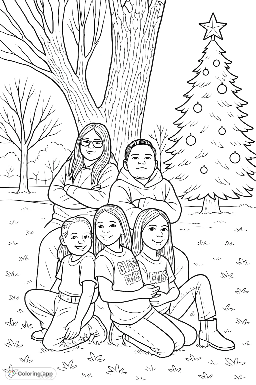 A heartwarming storybook scene of four children gathered under a grand tree, with a festive Christmas tree, perfect for a joyful coloring experience.