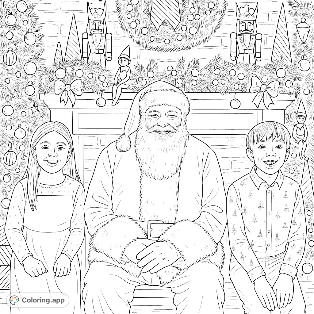 Join Santa, a joyful girl, and a happy boy in a festive holiday scene with a decorated mantle and Christmas trees. A perfect Christmas coloring page.