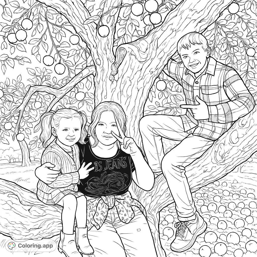 A heartwarming scene of three individuals enjoying an apple tree, capturing moments of family connection amidst abundant fruit. Perfect for a cozy coloring experience.