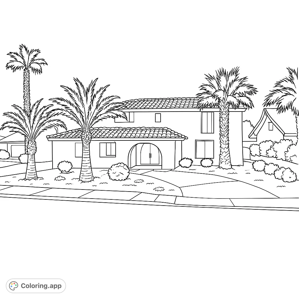 Color a beautiful Mediterranean house with its iconic tiled roof, arched entryway, and stately palm trees. Perfect for architecture enthusiasts.