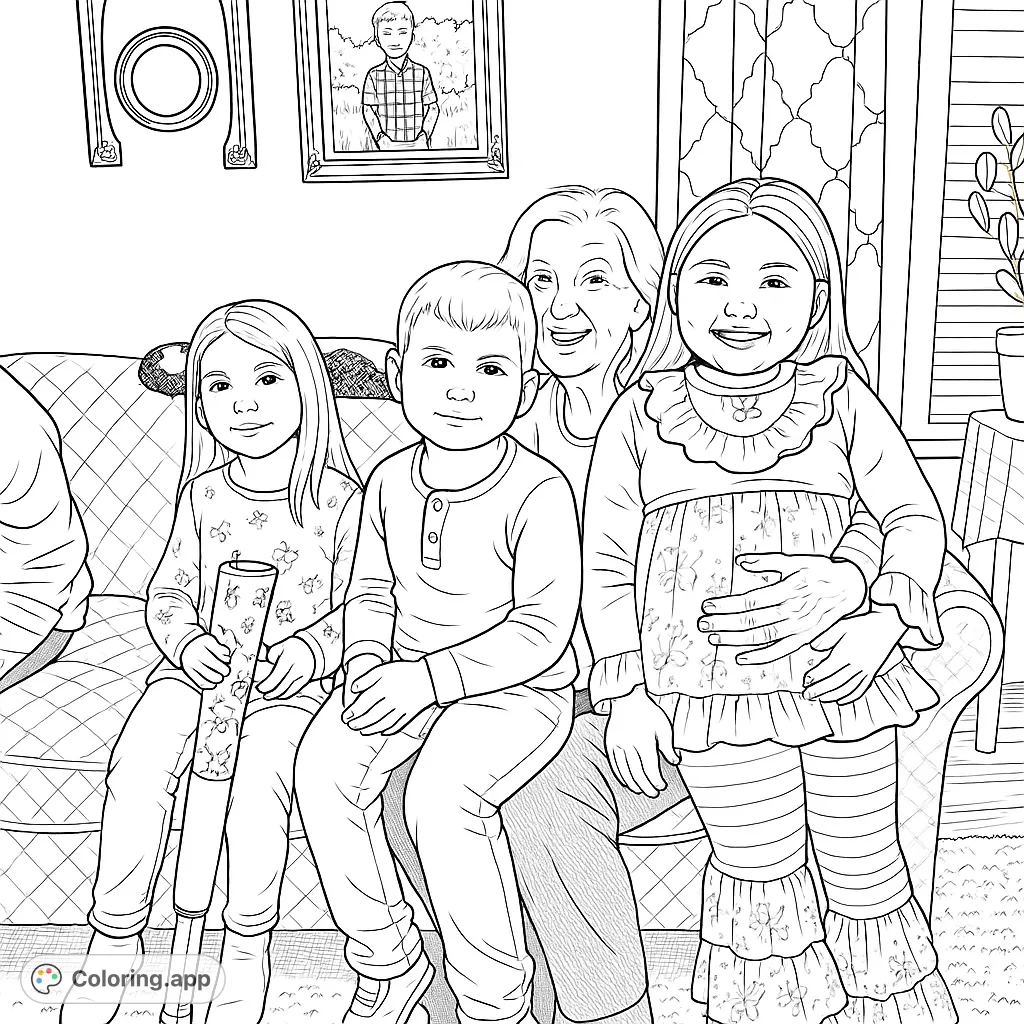 A heartwarming scene of a grandmother surrounded by three cheerful children on a cozy sofa. Features intricate patterns and joyful expressions for a delightful coloring experience.