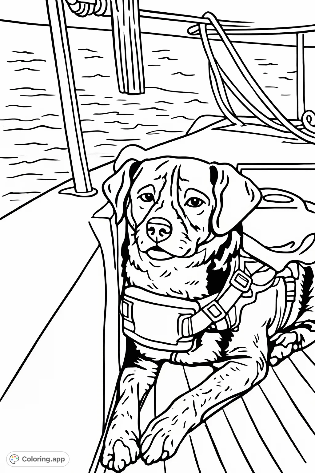 An adorable dog in a life vest relaxes peacefully on a boat, with rippling water in the background. A delightful and calming coloring page for all ages.