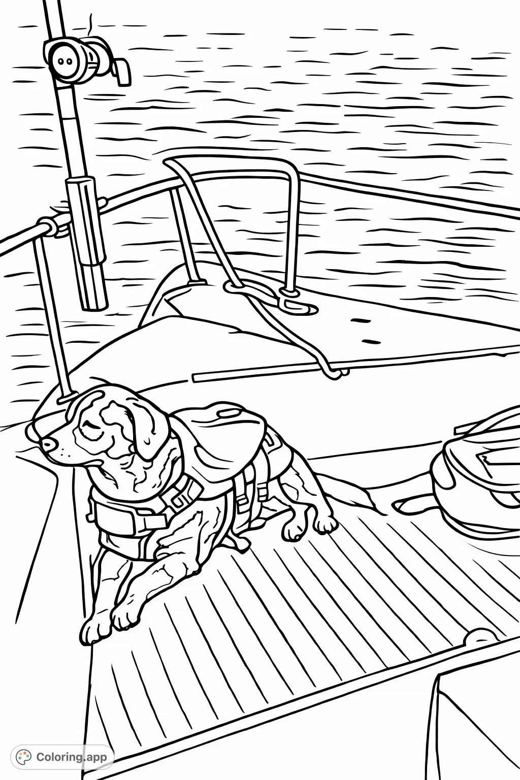 A charming and simple boat dog coloring page, perfect for young artists to enjoy. Features a cute dog relaxing on a boat with a fishing rod.