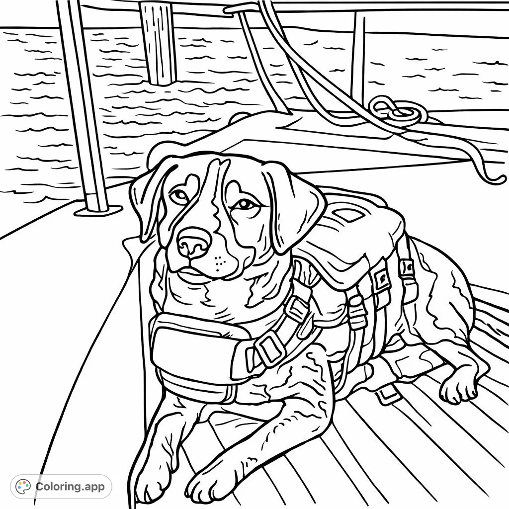 A heartwarming coloring page featuring a relaxed dog wearing a life vest on a boat, perfect for young children. Enjoy this free printable coloring page.
