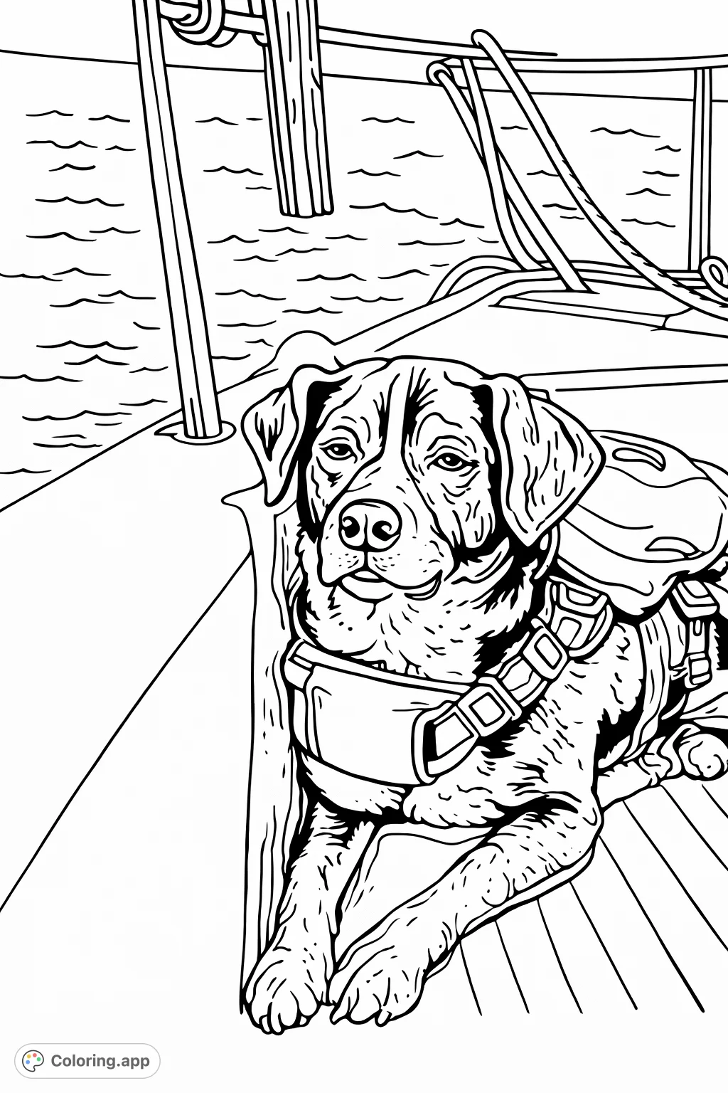 A calm dog rests on a boat, wearing a life vest, with water in the background. A delightful cartoony boat dog coloring page for kids and adults.