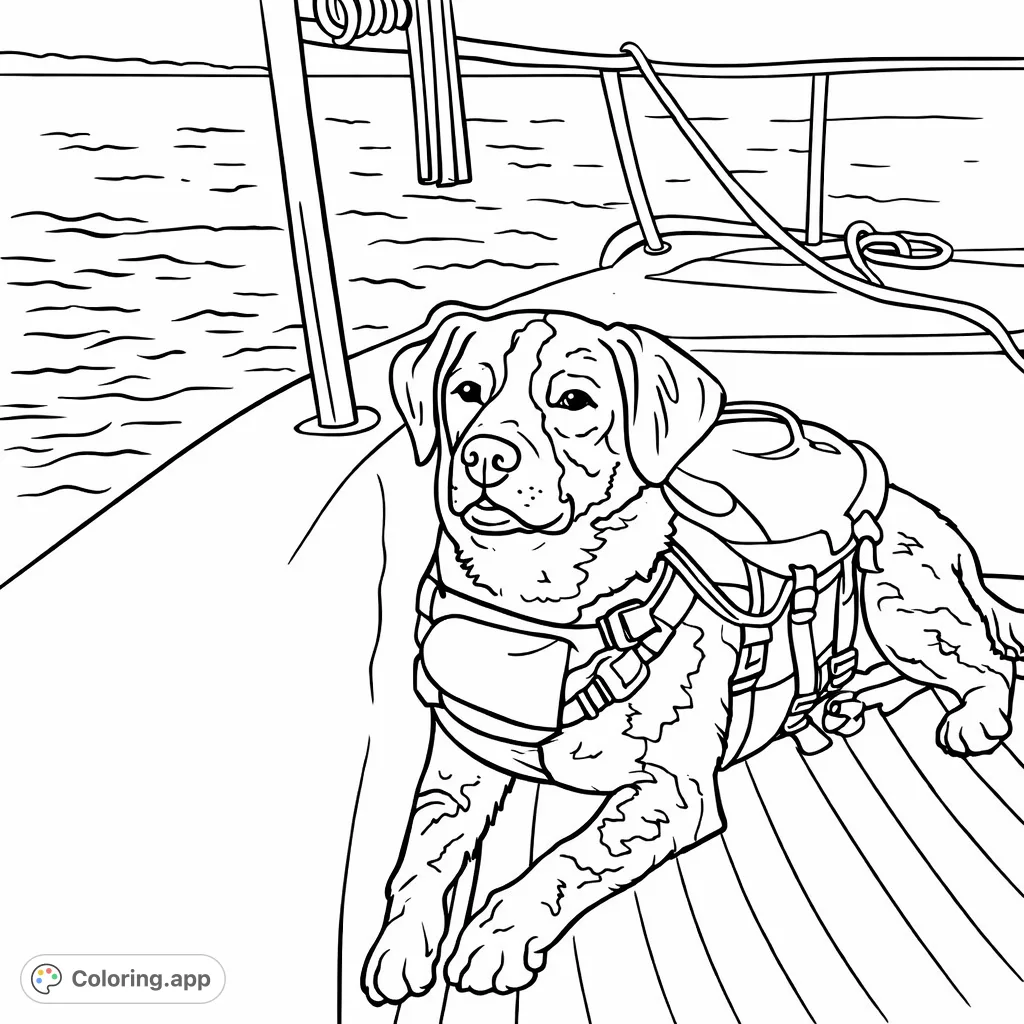 A sweet dog in a life vest enjoys a peaceful boat ride. Perfect for young children, this free printable boat dog coloring page offers simple shapes to color.
