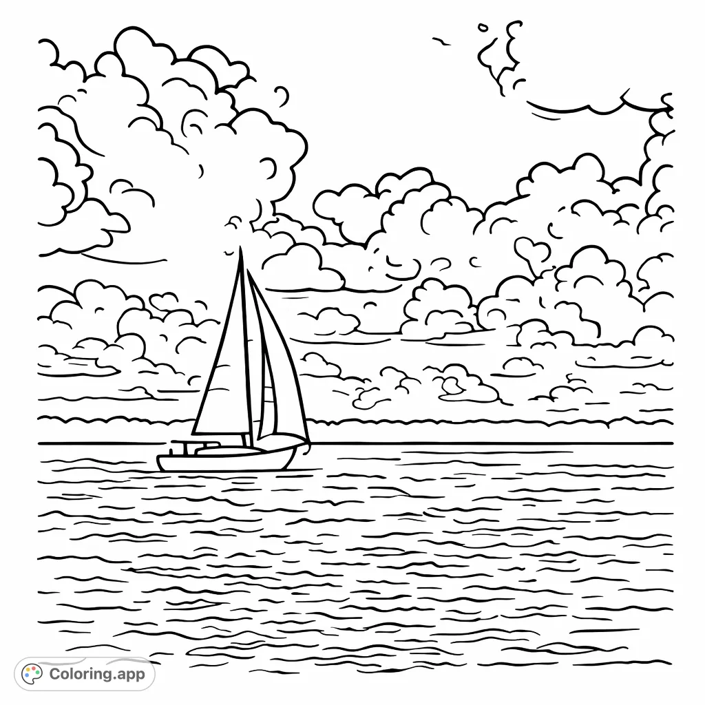 Enjoy coloring a peaceful sailboat gliding across textured water under a vast, cloudy sky. Perfect for young artists to explore imagination.