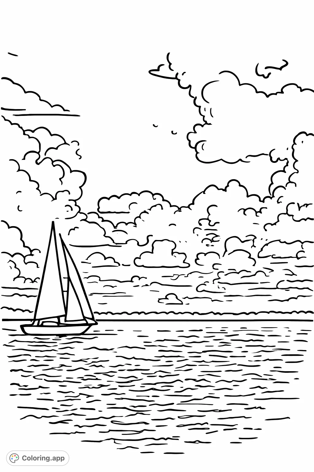 A charming sailboat glides on calm waters beneath a sky full of whimsical clouds. Perfect for a relaxing and imaginative coloring experience.