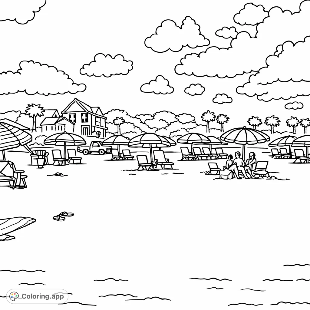 A delightful beach scene featuring umbrellas, chairs, and happy people under a sunny sky. Perfect for a relaxing coloring escape!