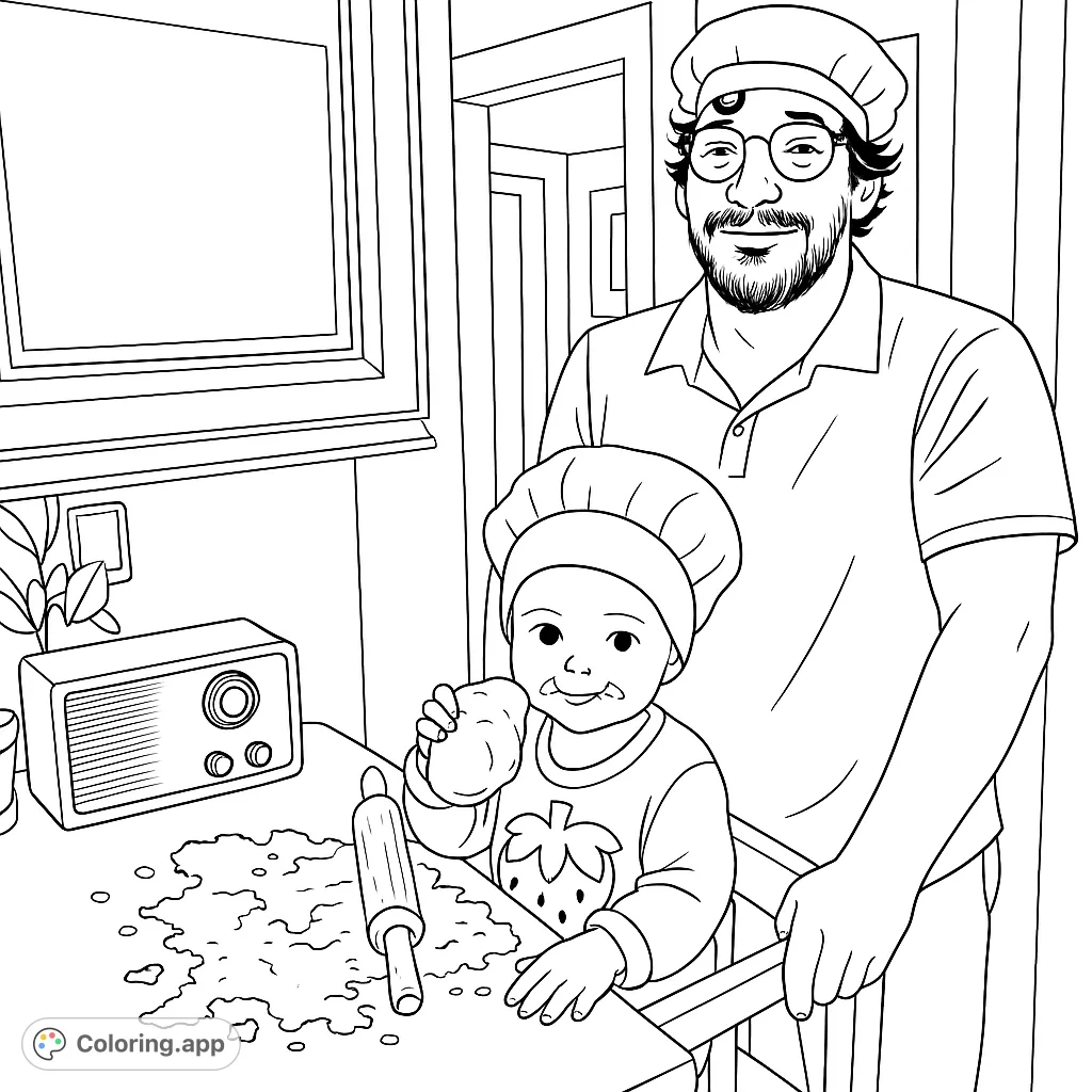 Capture a heartwarming baking scene featuring a parent and child in chef hats, surrounded by flour and a rolling pin. Perfect for family fun!