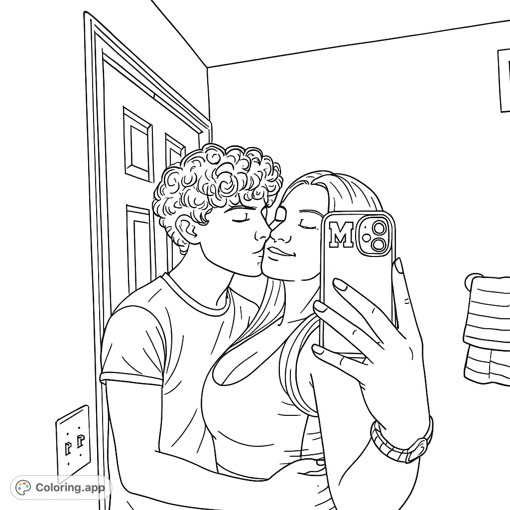 Capture a tender moment of a couple in a mirror reflection. This romantic coloring page celebrates affection, perfect for expressing heartfelt emotions.