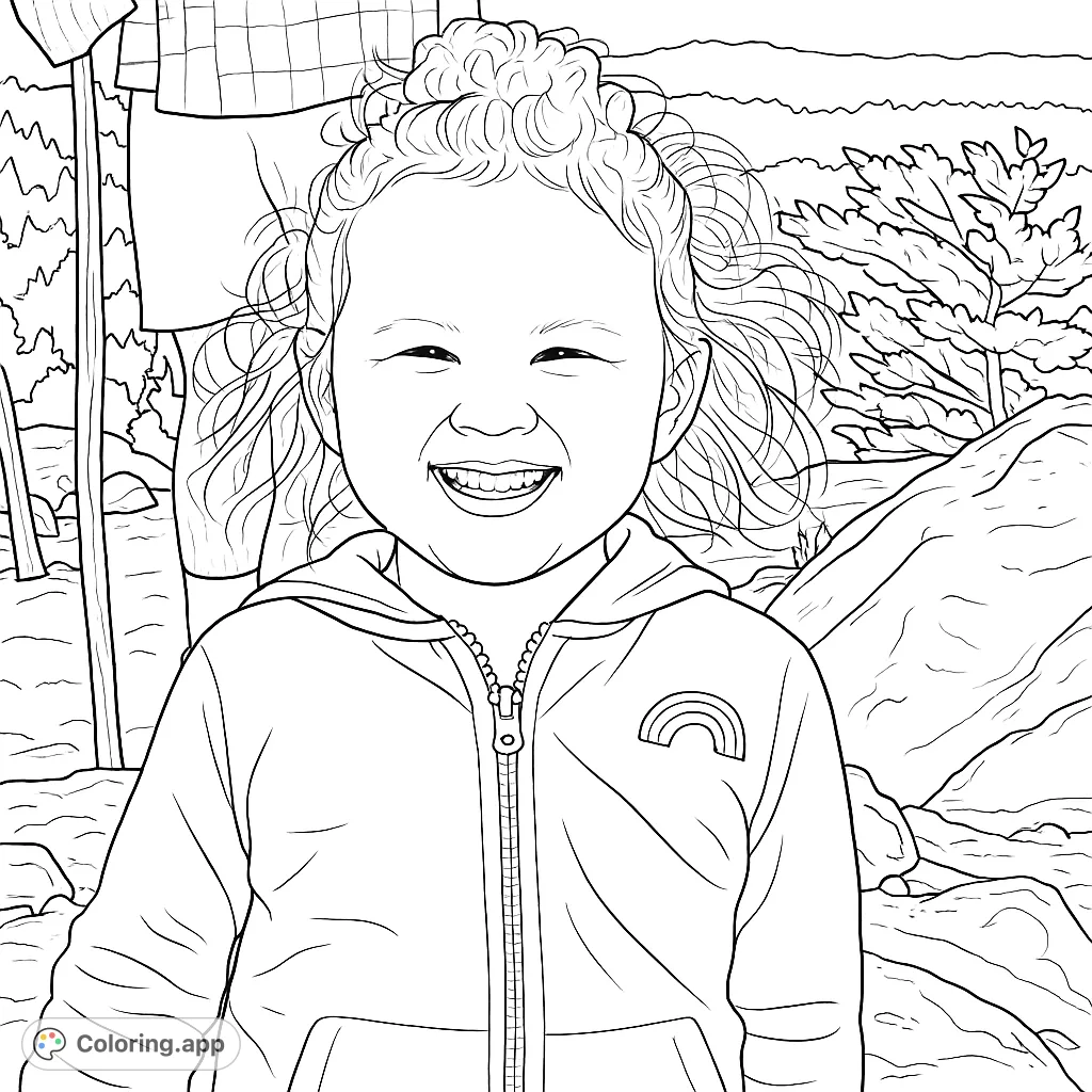 Capture the infectious joy of a young child smiling on a rocky hilltop with a distant landscape. A delightful scene for all ages to bring to life.