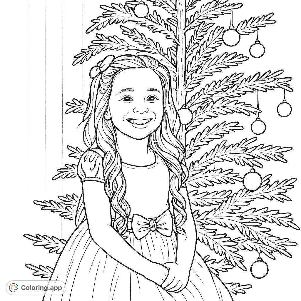 A joyful child in a festive dress, smiling in front of a decorated evergreen tree. Perfect for capturing the holiday spirit with your colors!