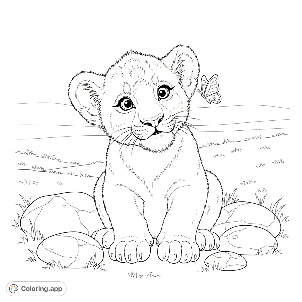 A fluffy baby lion cub sits on a grassy bank, captivated by a delicate butterfly near its nose, with smooth river stones and a distant stream.