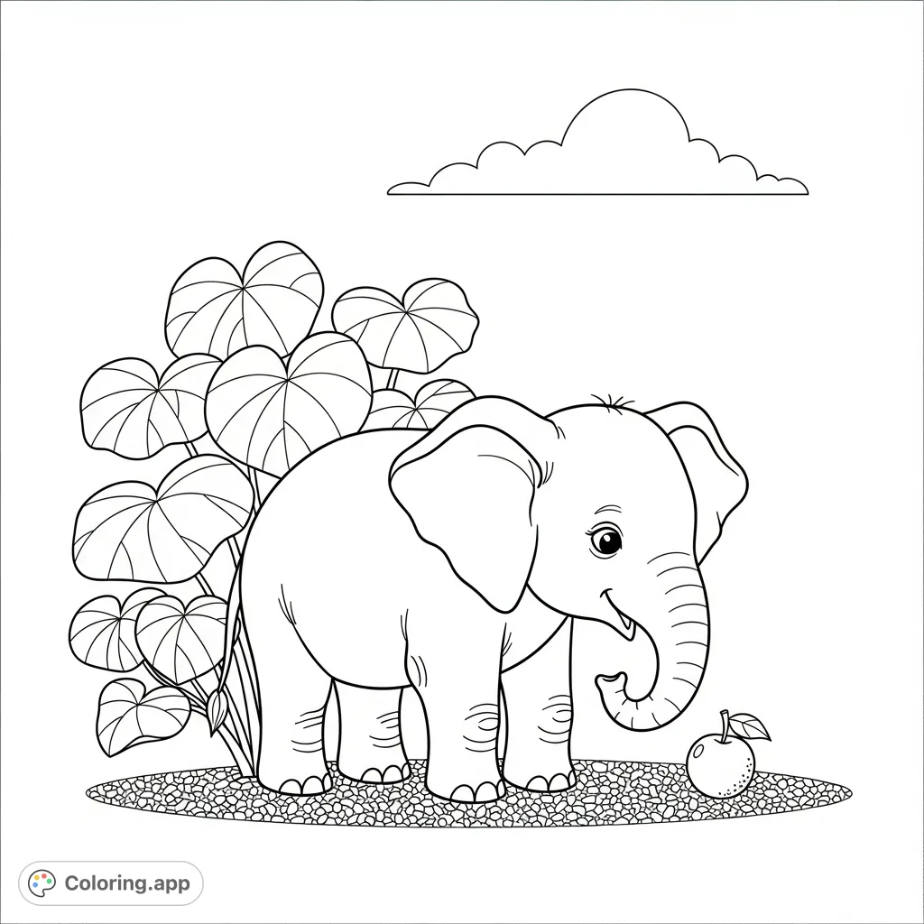 A sweet baby elephant stands beside large leaves, gazing at a small fruit on pebble-textured ground, with a single cloud drifting above.