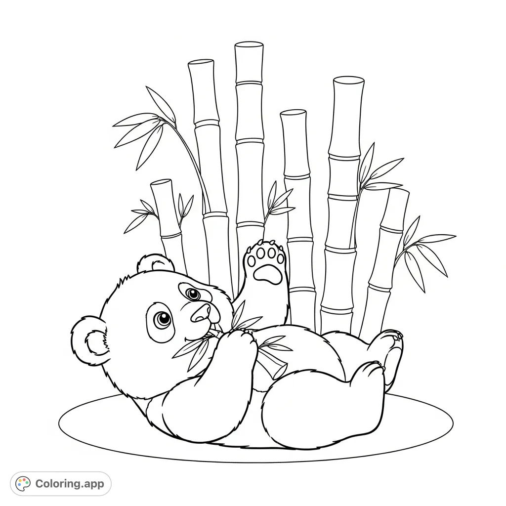An adorable baby panda playfully rolls on its back, clutching a bamboo shoot. Features a charming scene with stylized bamboo in the background, perfect for all ages.