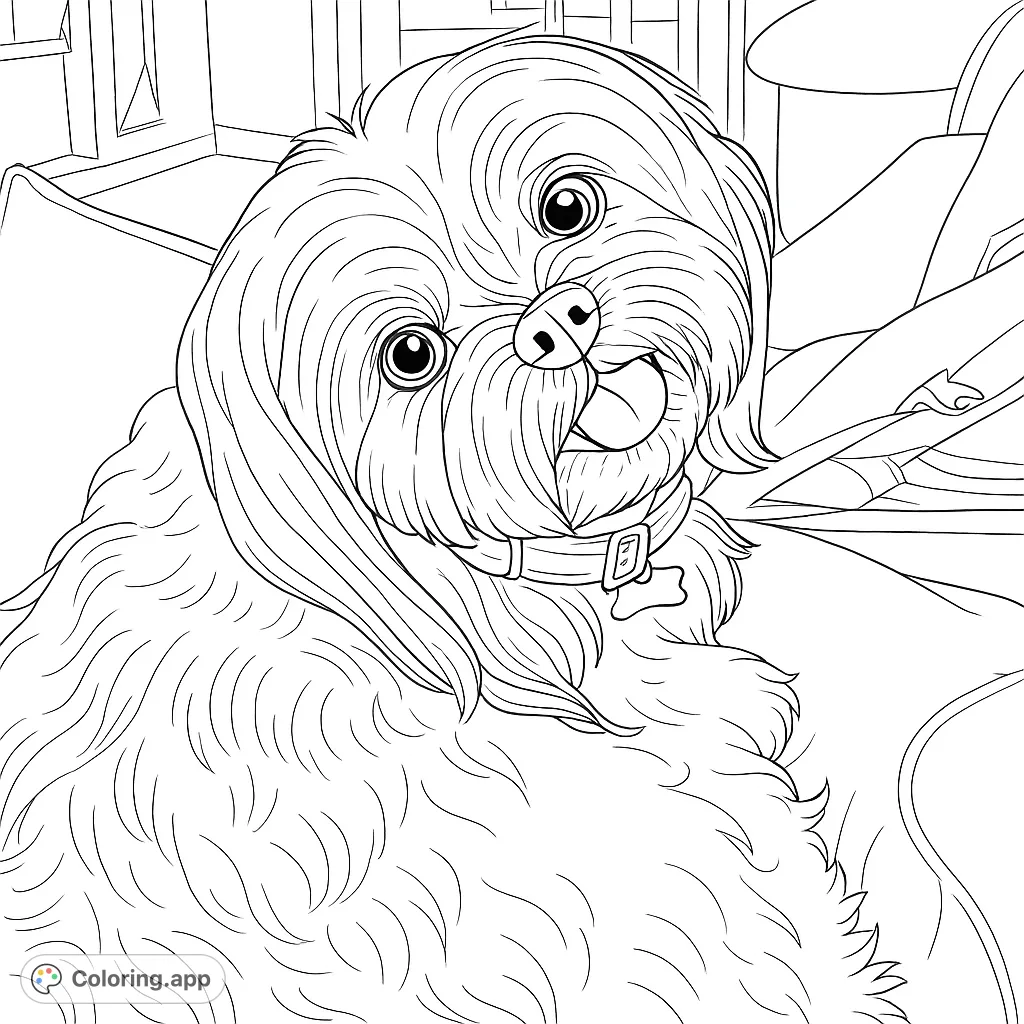 An adorable fluffy dog coloring page featuring a cute pup with a tilted head and tiny tongue peeking out, resting on a soft surface.