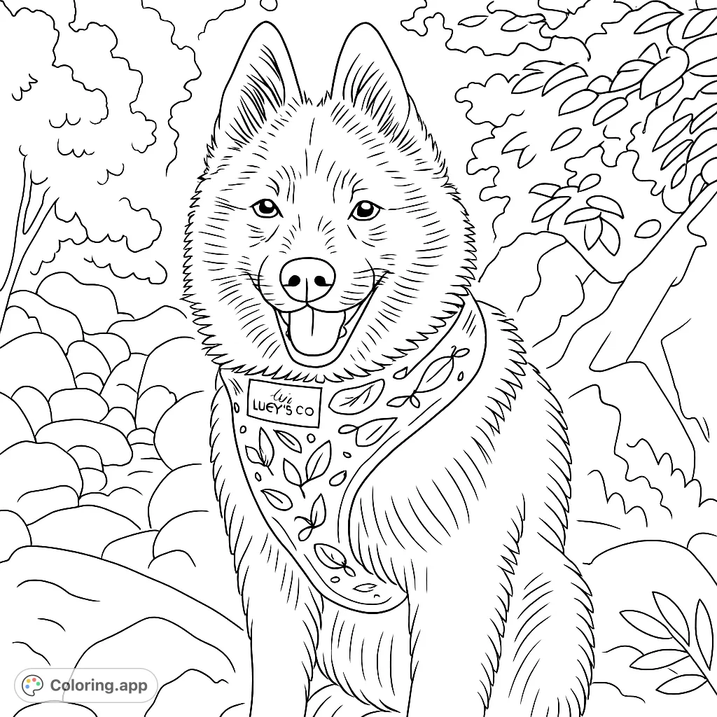 Color this adorable fluffy dog with a charming smile and a patterned harness, set against a natural, rocky backdrop. Perfect for dog lovers!