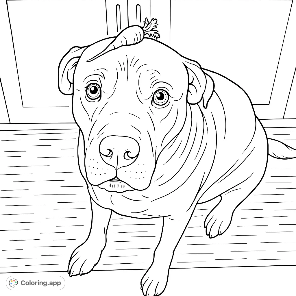 A loyal companion sits patiently with a small root vegetable perched on its head, eyes wide with endearing charm. A fun dog coloring page.