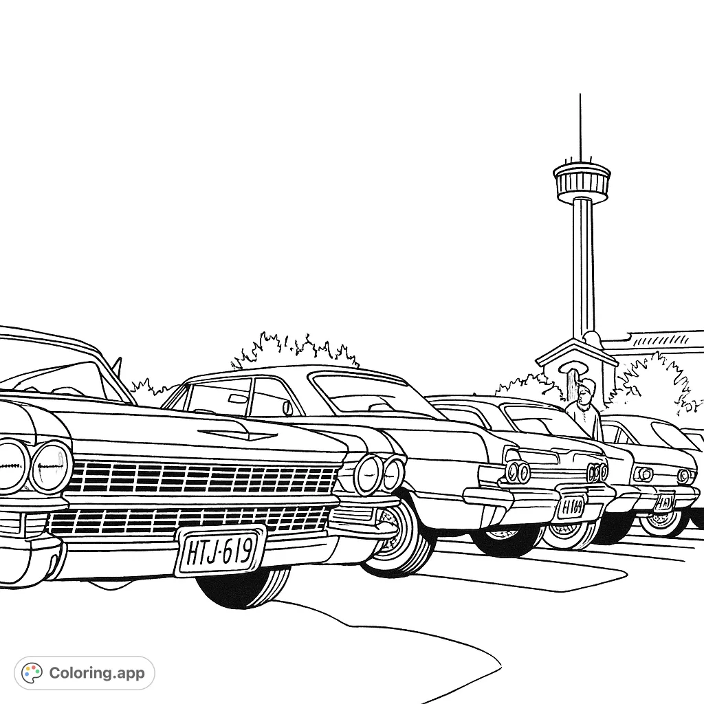 Immerse yourself in a classic car show featuring detailed vintage automobiles against a city skyline with a towering observation structure. Perfect for enthusiasts!