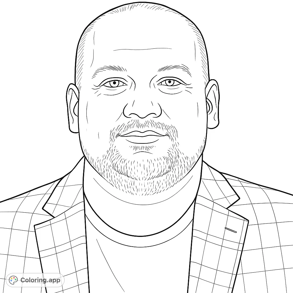 Color a detailed portrait of a man with a short beard and a plaid jacket, perfect for practicing realism and shading techniques in human forms.