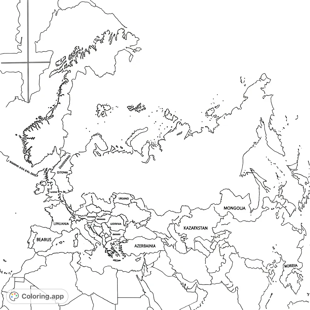 Explore global geography with this detailed coloring page featuring Russia and all its neighboring countries, perfect for educational fun.