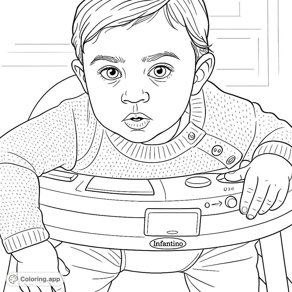 An adorable baby with expressive eyes sits in a textured sweater within a baby walker. A delightful baby coloring page for endless creative fun.