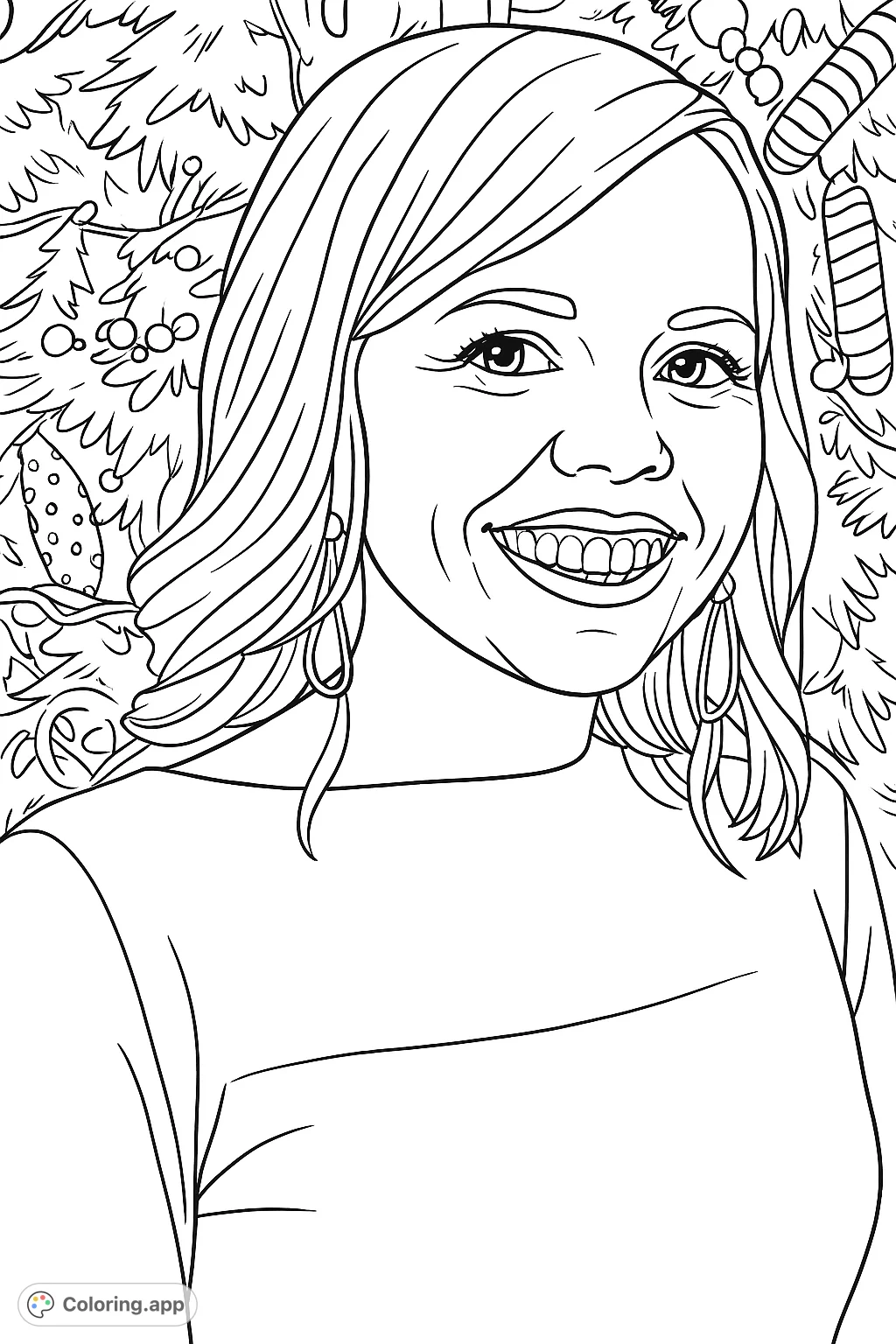 Capture the joy of the season with this festive portrait featuring a smiling woman against a background of intricate holiday decor and garlands.