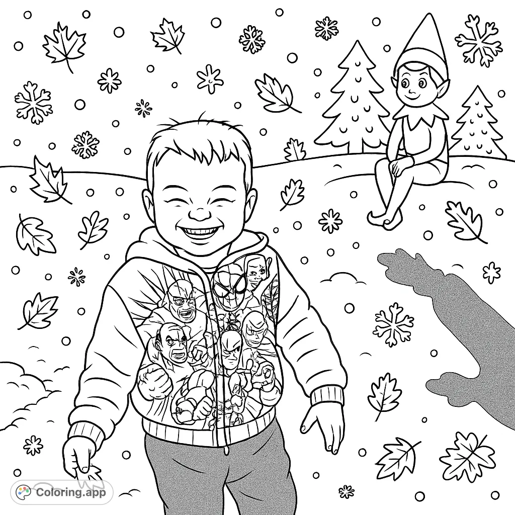 A joyful child in a superhero hoodie enjoys a magical snowy beach, with Christmas patterns and a playful elf. A unique Christmas coloring page adventure.