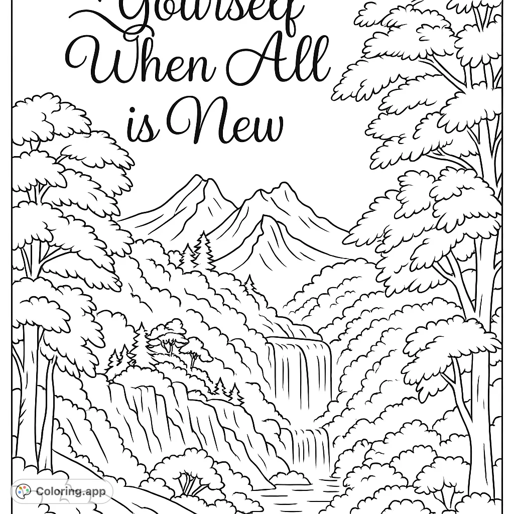 Explore a serene mountain landscape featuring a grand waterfall, framed by towering trees and lush forests, with distant peaks under an expansive sky.