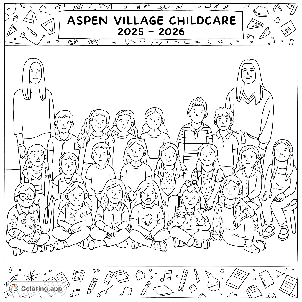 Capture the joy of a childcare group with this detailed coloring page featuring children and teachers. Perfect for celebrating friendships and school memories.