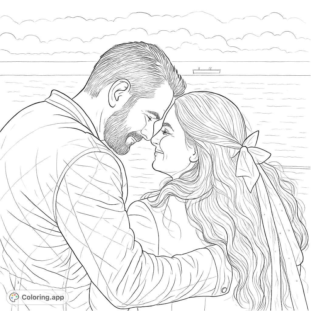 Capture the tender moment of a couple's embrace by the water. This romantic couple coloring page offers intricate details perfect for expressing emotion.